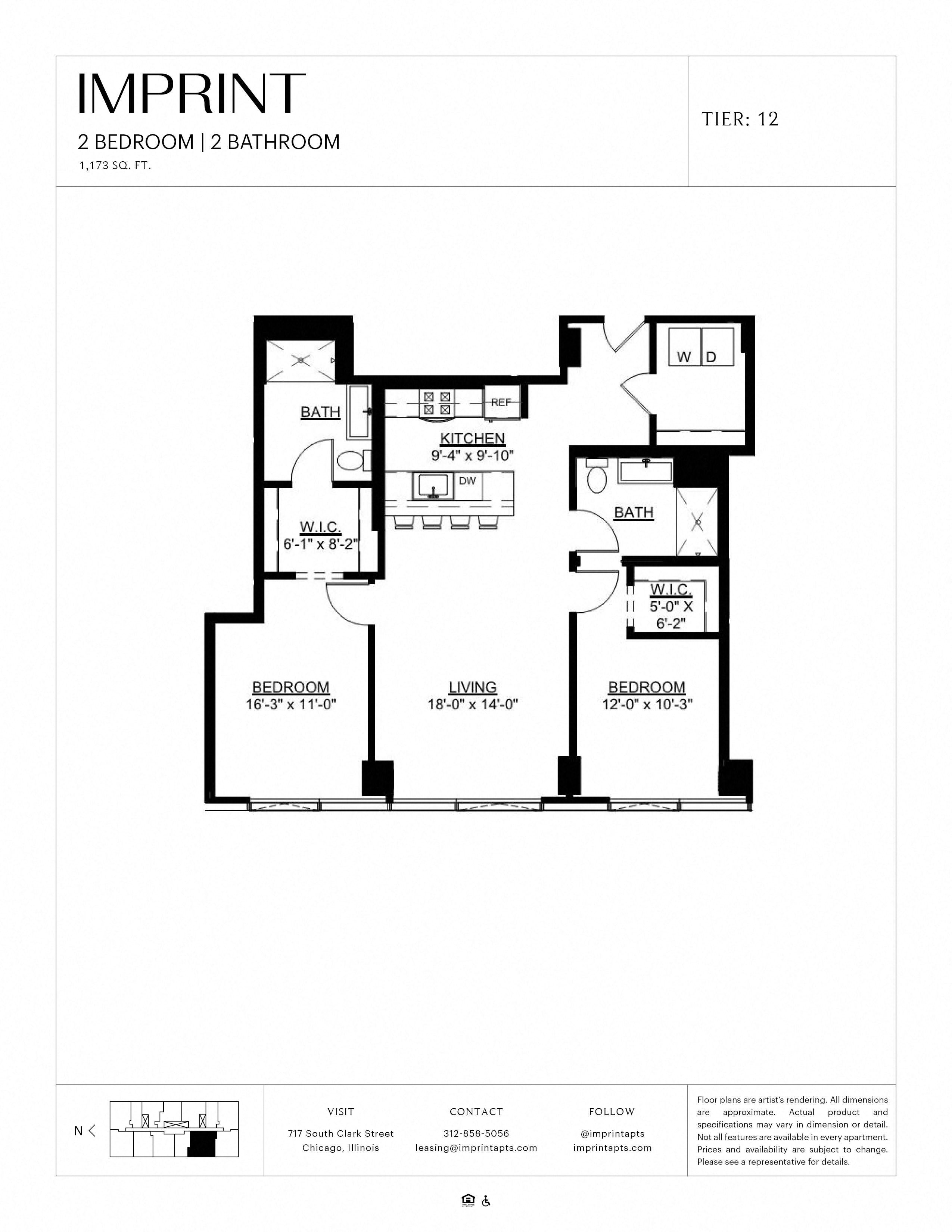 Floor plan for 2 beds, 2 baths, 1173 sqft